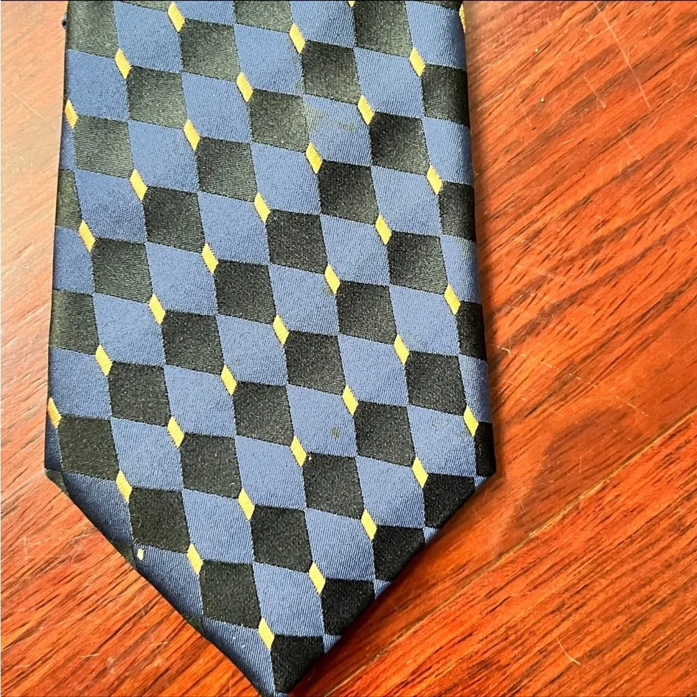Boys Silk Zipper Tie With Pocket Handkerchief Blue Black Geometric